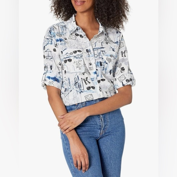 Karl Lagerfeld Tops - Karl Lagerfeld Paris Women's Long Sleeve Whimsical Blue and Black Blouse size L